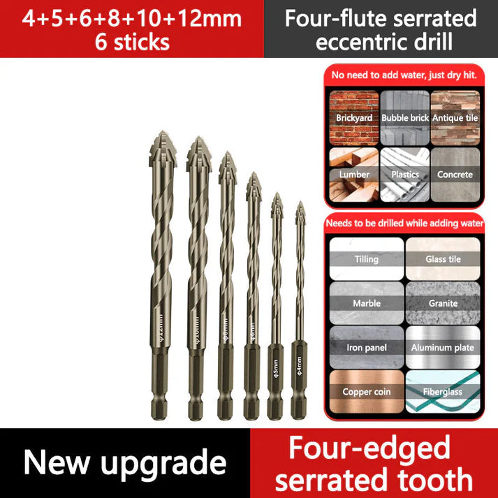 🔥6 piezas 25 euros🔥Juego de brocas excéntricas de 4 flautas de alta resistencia-【4+5+6+8+10+12mm】