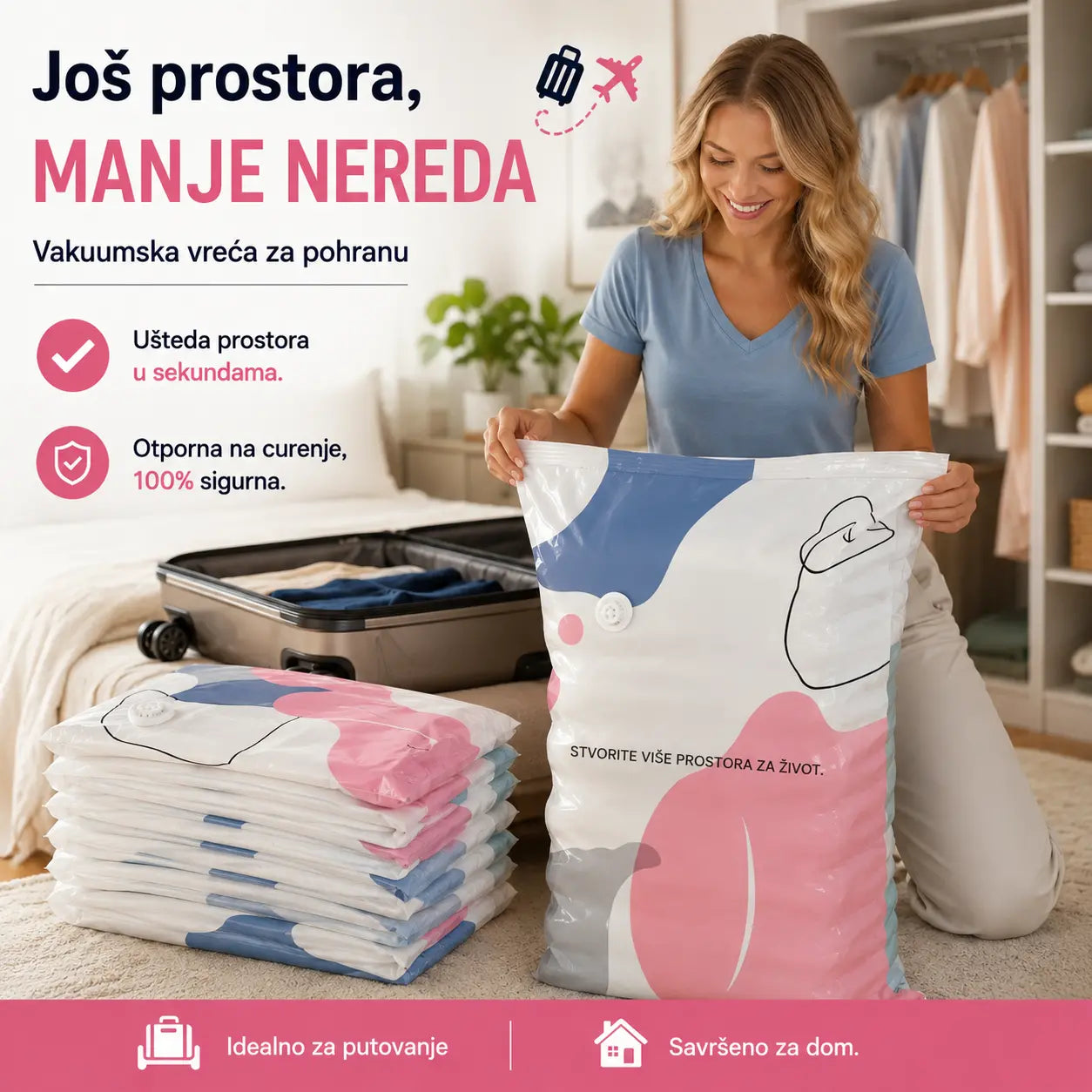 🧳【Set od 5 dijelova】💨 Velika, stlačiva vakuumska vrećica za pohranu: nije potrebna pumpa, nepropusna je i idealna za uštedu prostora u koferima i kod kuće ✈️