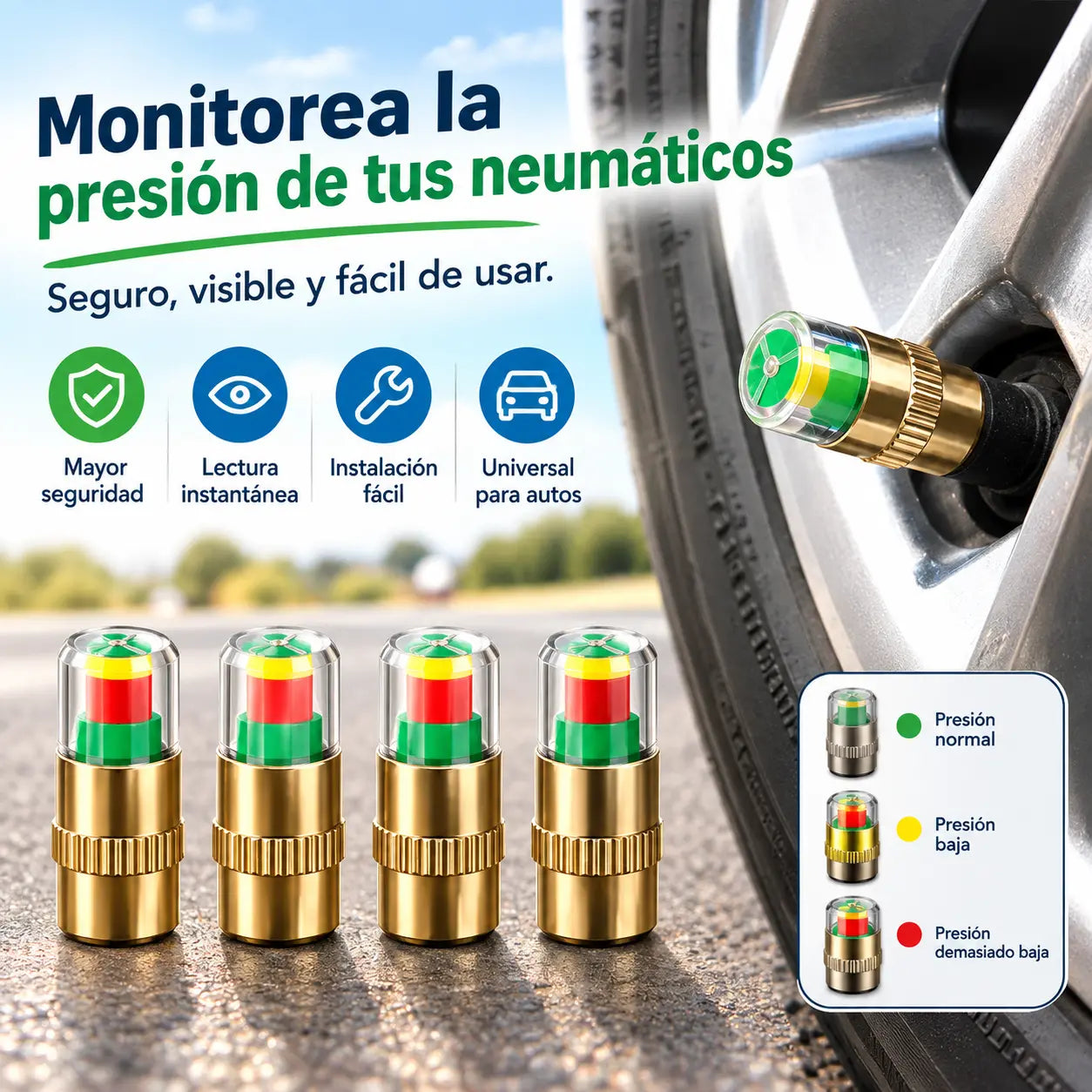 🔥2 juegos🔥🚗 Tapones Indicadores de Presión para Neumáticos | Monitor Externo de Presión de Aire con Aviso Visual