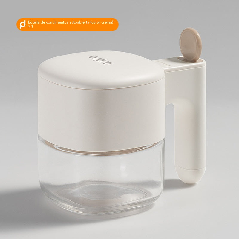 Caja de especias de apertura automática con cuchara desmontable; salero/botella de condimentos para el hogar.