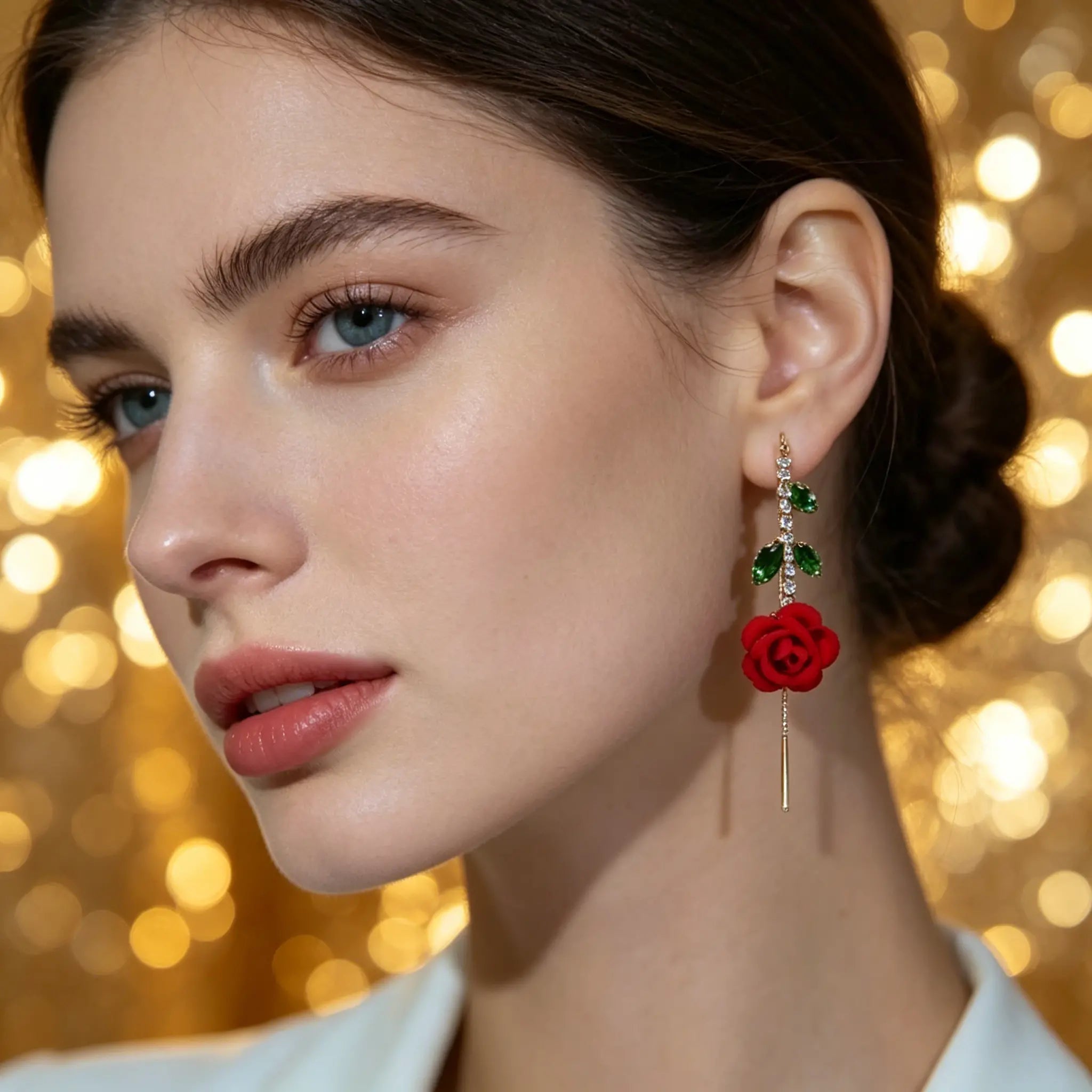 🌟【2 pares】🌹Pendientes de rosa roja con tallo de cristal