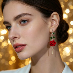 🌟【2 pares】🌹Pendientes de rosa roja con tallo de cristal