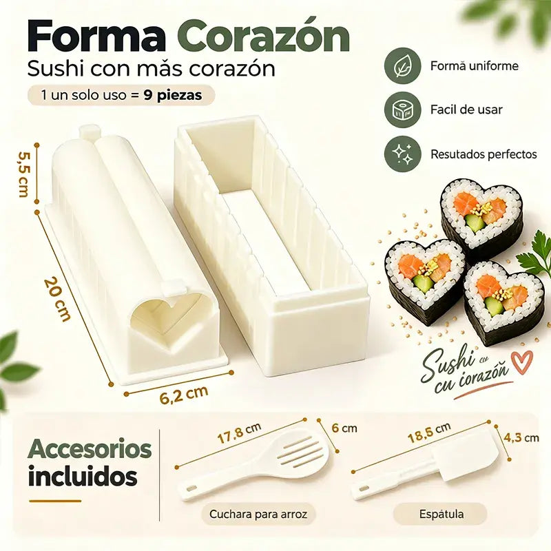 🍣 Kit de moldes para sushi y onigiri – incluye formas de corazón, cuadrado y redondo, guía de corte y accesorios 🍱