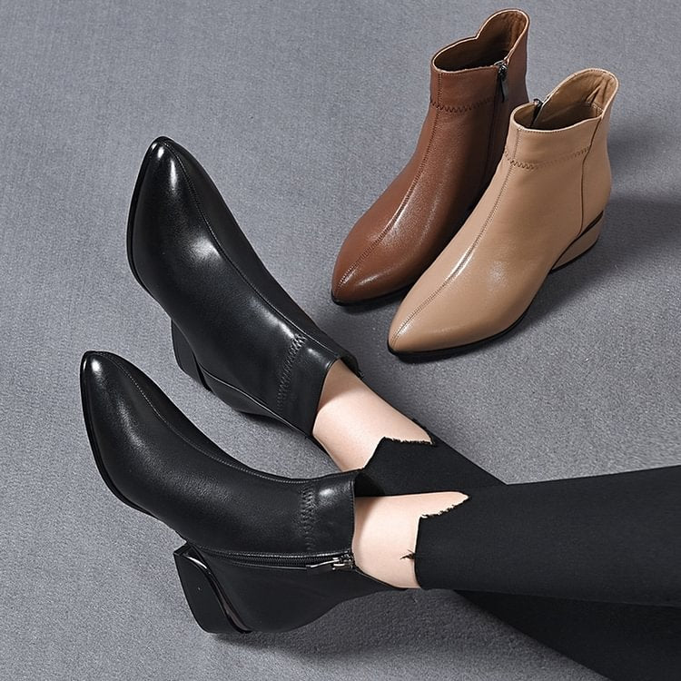 🔥【30% de descuento último día】Botas de cuero con cremallera lateral y tacón medio de nuevo estilo 2025