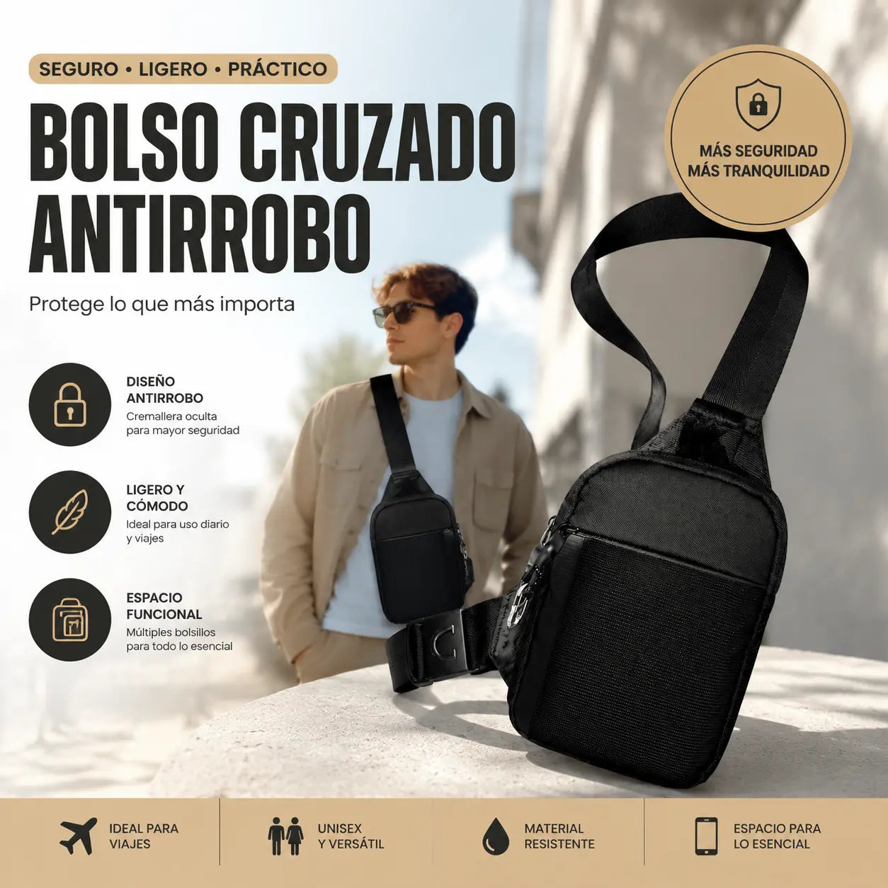 🛡️ Bolso bandolera antirrobo con cremallera con cierre y protección RFID – Bolso cruzado resistente a desgarros de 300D