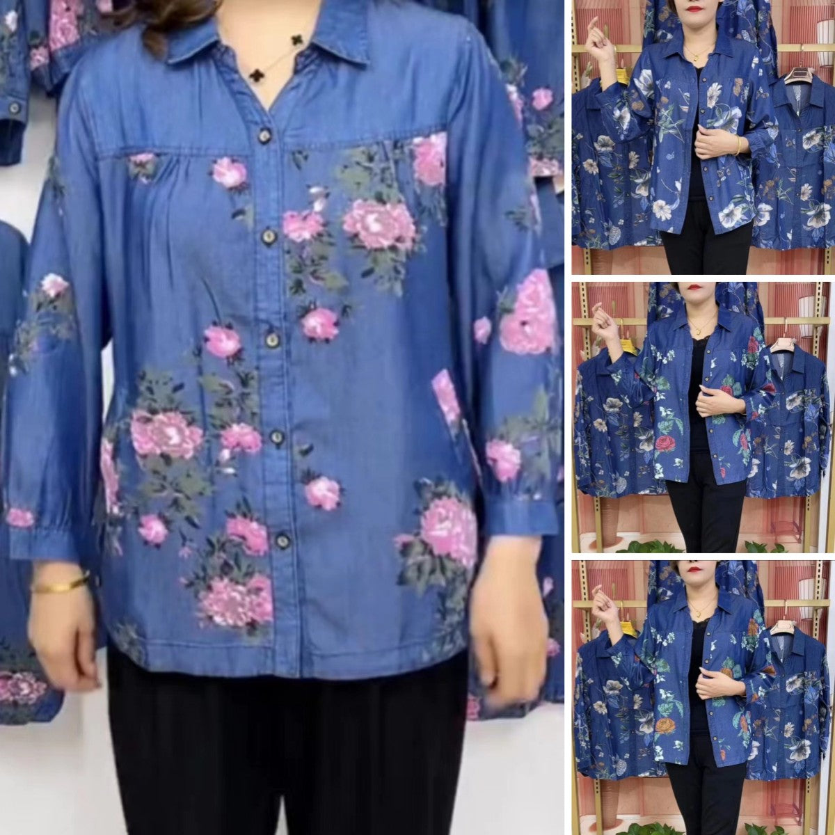 🔥【S-4XL】Camisa con estampado de mezclilla para madre de mediana edad