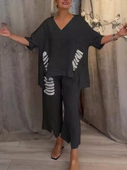 【Pantalones + Top】2025 Traje de dos piezas de lino y algodón con cuello en V para mujer