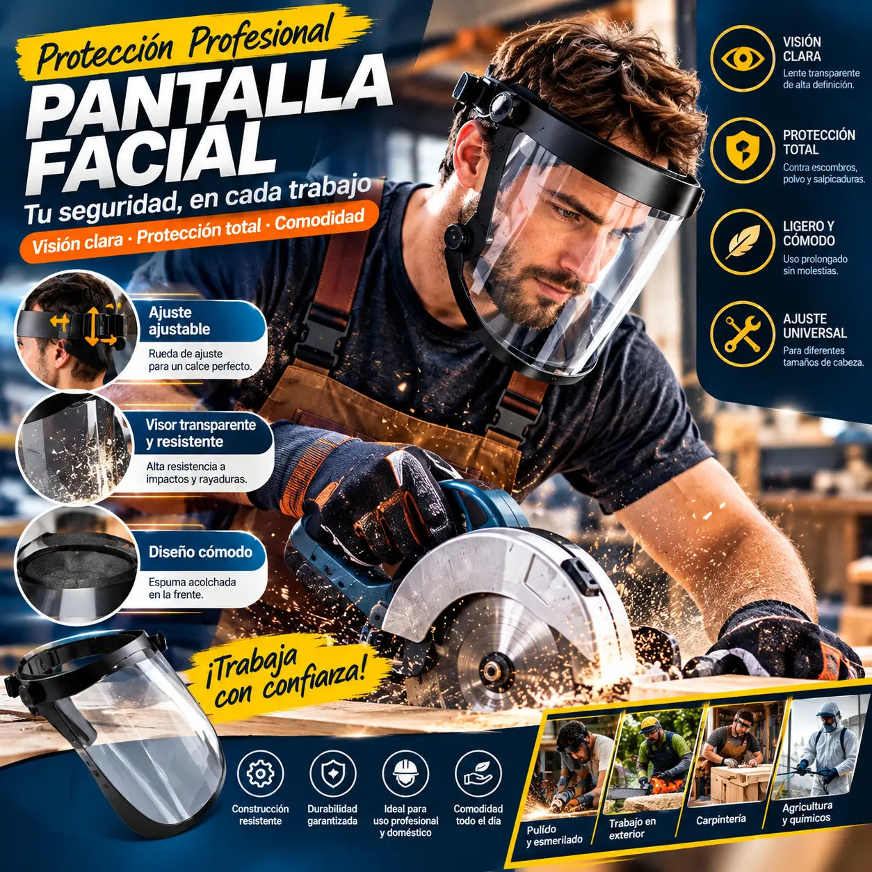 Pantalla facial de plástico de cobertura total para la aplicación de pesticidas agrícolas: equipo de protección y seguridad, unisex.