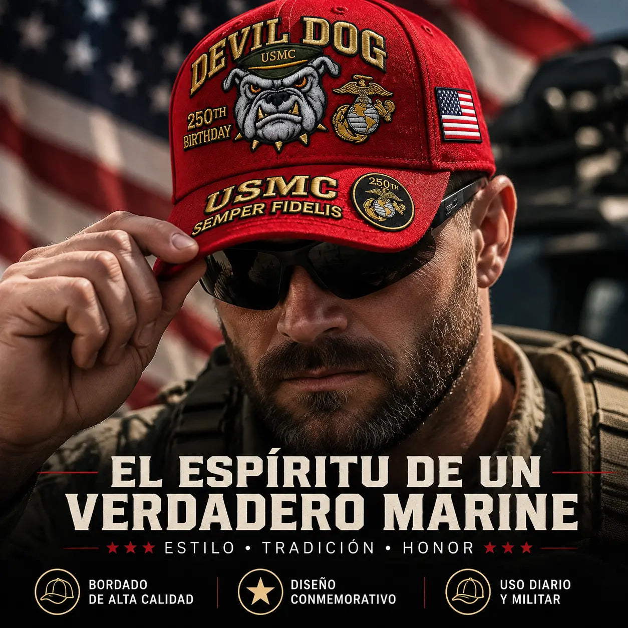 🐶🧢Gorra de béisbol "Devil Dog" del 250 aniversario del Cuerpo de Marines de EE. UU., bordada a mano.