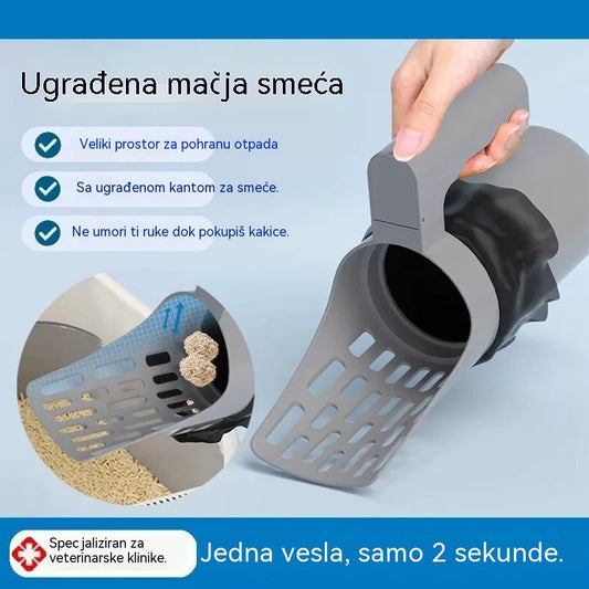 Lopatica za mačji pijesak s integriranom kantom + 4 role vrećica za smeće 🎁 Lopatica za mačji pijesak s ugrađenom kantom za otpad – učinkovito prosijavanje, držač vrećica – brzo i higijensko čišćenje za uvijek čist mačji WC ✨🐾