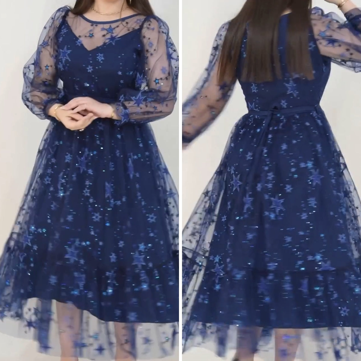 【S-5XL】✨【Vestido largo de tul estrellado】Elegante y delgado｜Cielo estrellado de ensueño｜Perfecto para citas y fiestas