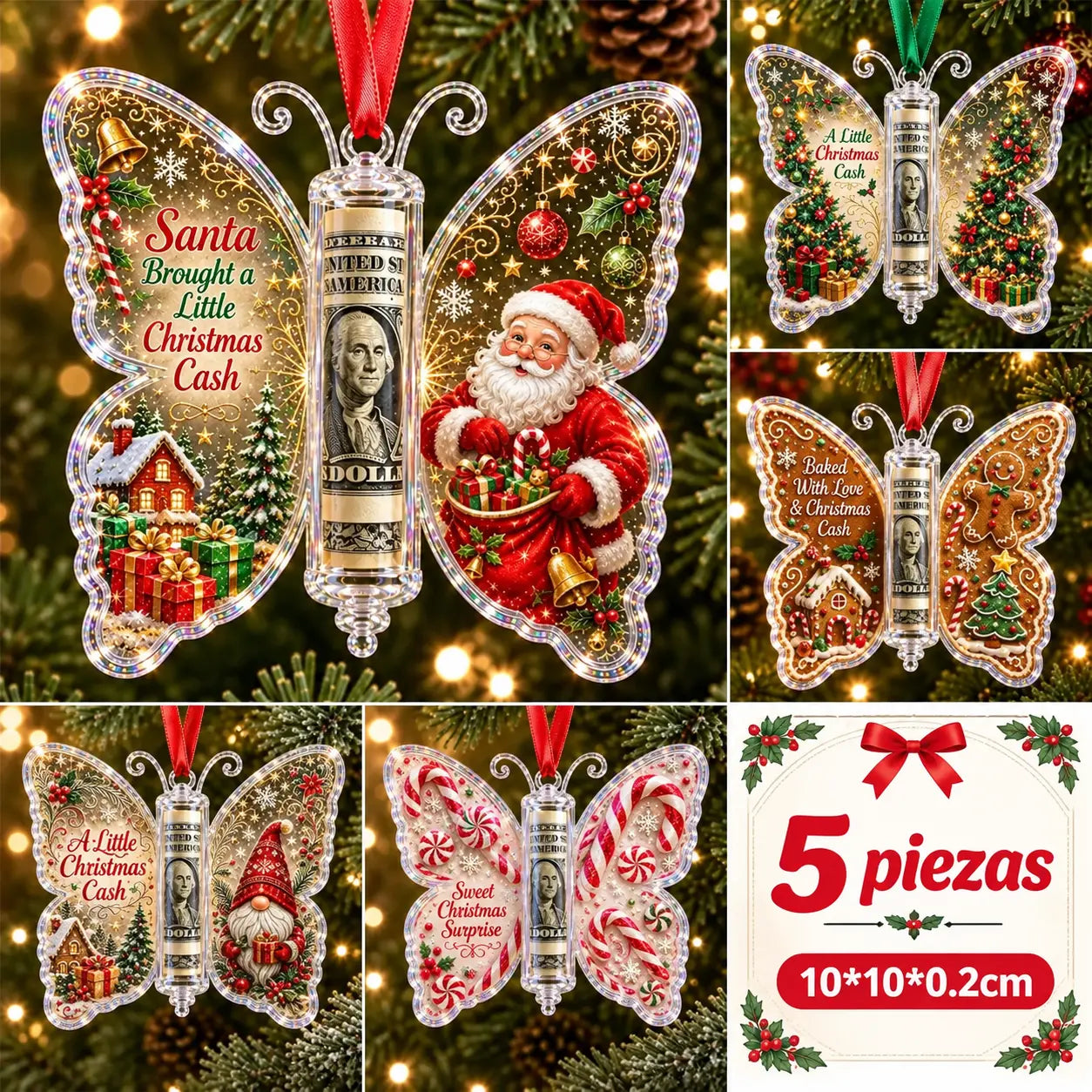 🔥5 piezas🔥Último día con 50% de descuento🎄Adorno de mariposa para regalo de Navidad en efectivo🦋 – Recuerdo navideño para guardar dinero en efectivo💵✨