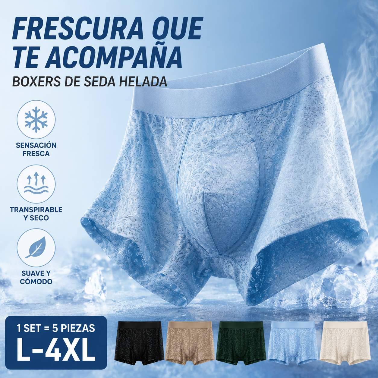 🔥【5 piezas 】【L-4XL】Ropa interior de malla de seda helada para hombre, tallas grandes, transpirable.