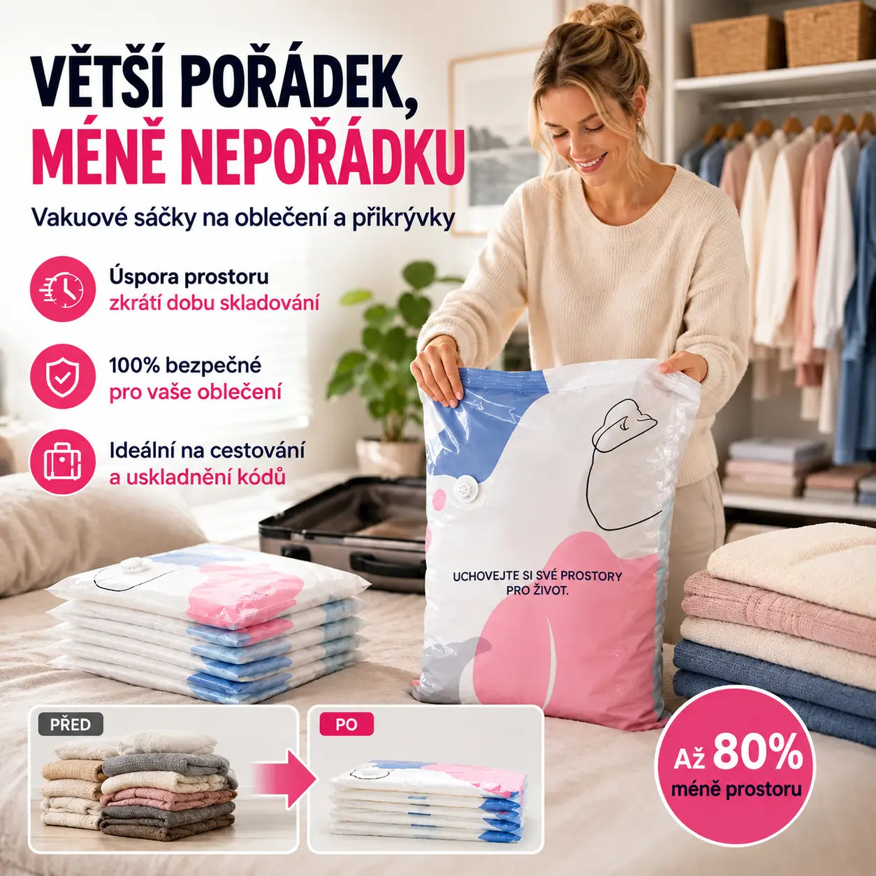 🧳【Sada 5 kusů】💨 Velký, stlačitelný vakuový úložný sáček: není potřeba pumpička, nepropustný a ideální pro úsporu místa v kufrech i doma ✈️
