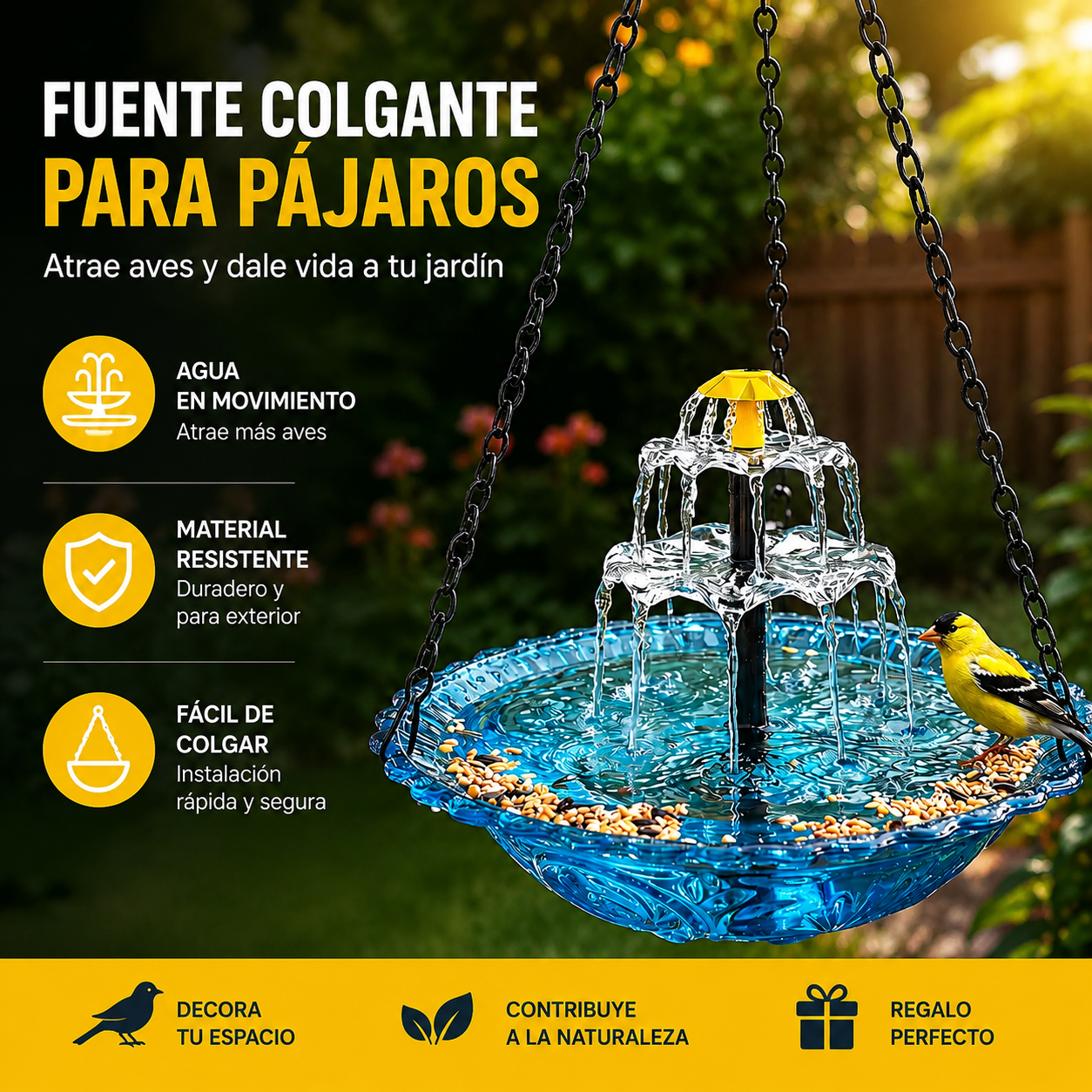 🔥🔥 50% de descuento – Fuente colgante solar para baño de pájaros con estilo cascada