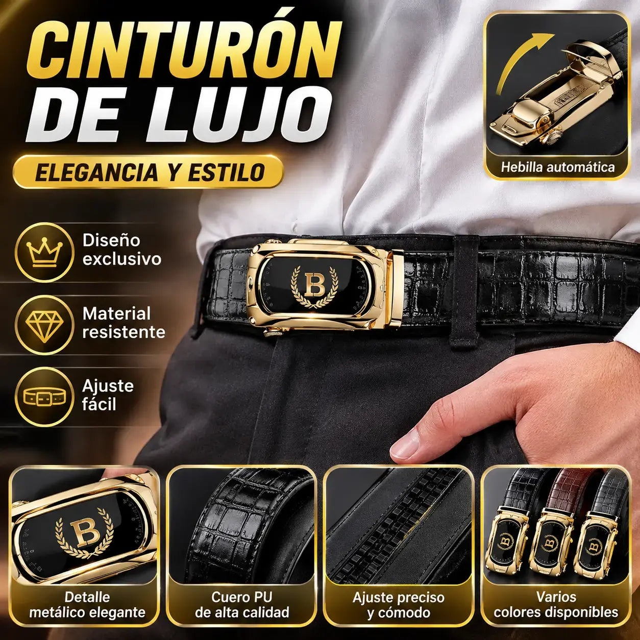 📢📢 ¡50% de descuento! 💼✨ Cinturón de hombre de cuero genuino con hebilla automática, perfecto para el uso diario, la oficina y ocasiones formales.