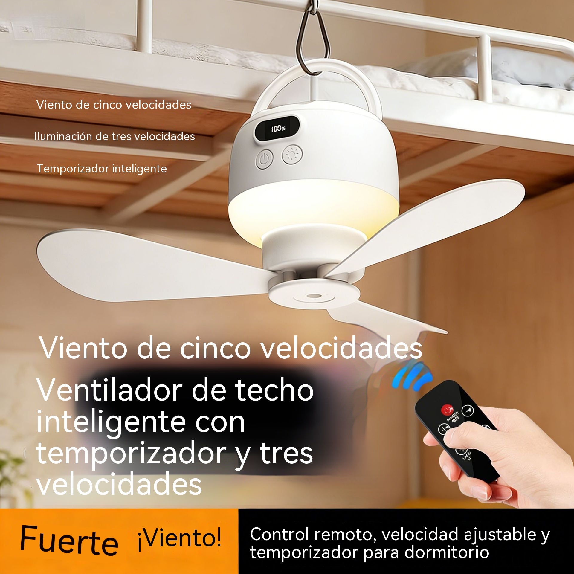 🔥🎁 Ventilador de techo portátil multifuncional con luz, control remoto y pantalla digital.