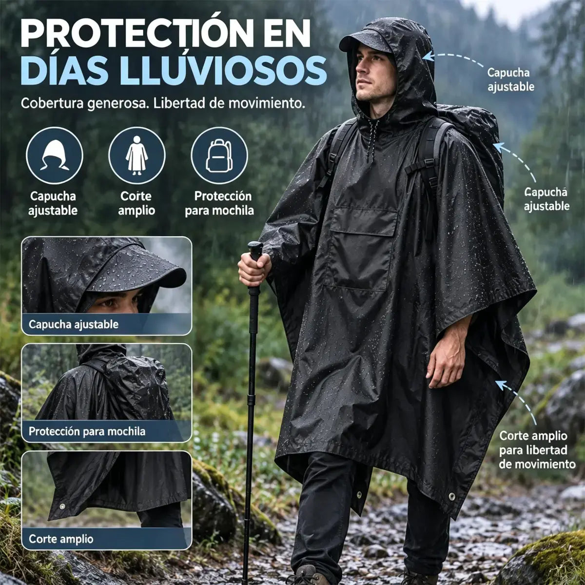 🏕️ Poncho de Lluvia Multifunción 3 en 1 | Capa Impermeable + Tienda de Campaña + Manta de Suelo | Para Senderismo y Camping 🌧️