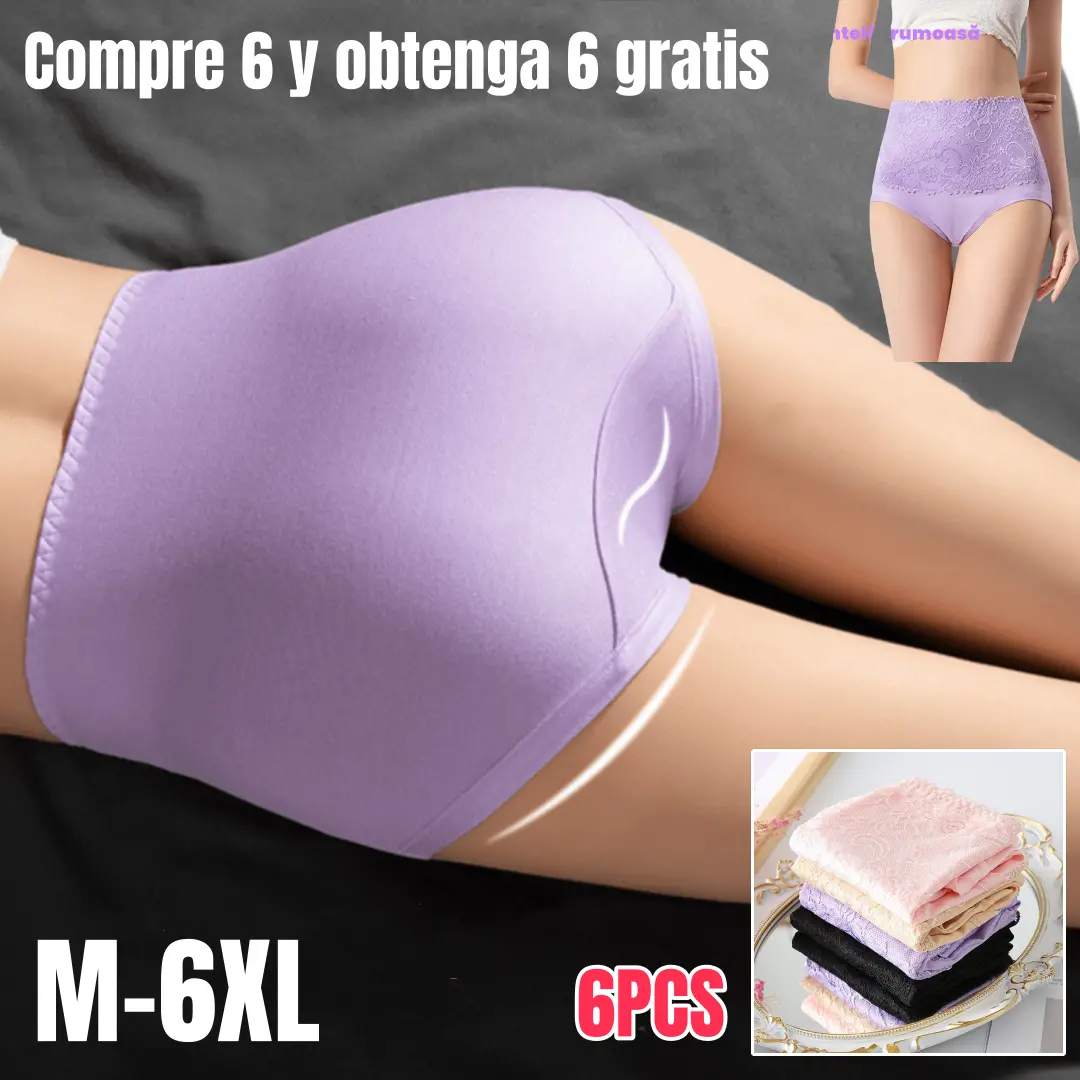 🔥🔥【Balení 6 ks】【M-6XL】💥Poslední den 50% sleva: Dámské kalhotky s vysokým pasem a krajkovým lemem pro větší velikosti