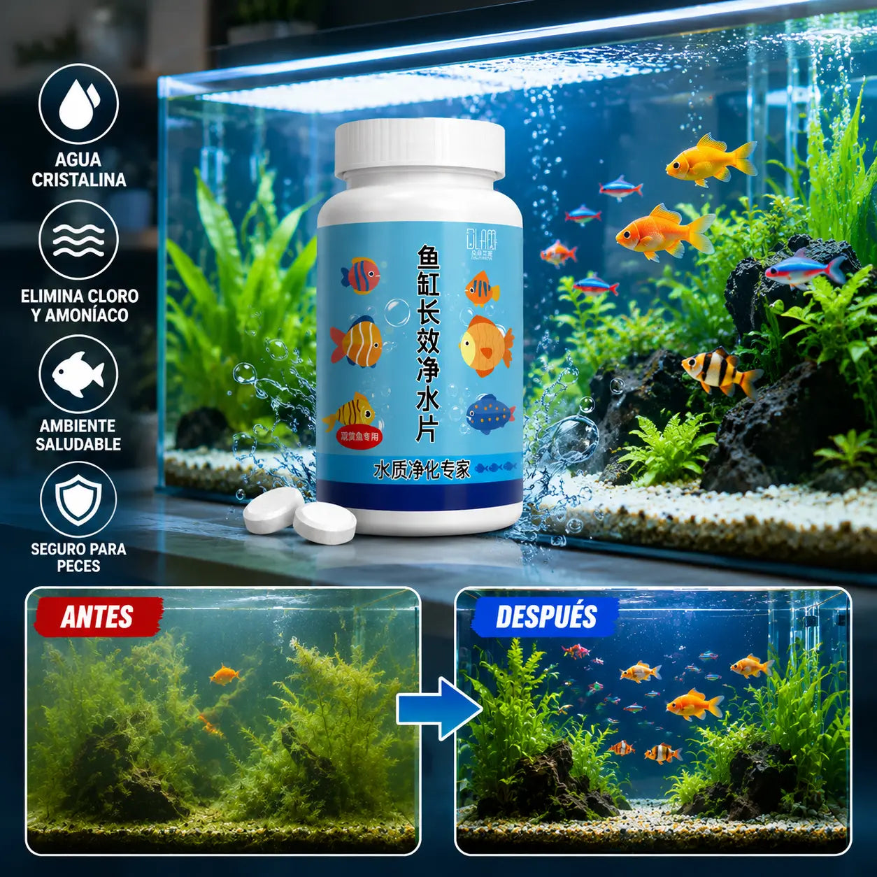 🔥Compra 1 y llévate 1 gratis (2 botellas-400 piezas)🐠🌿 Pastillas purificadoras de agua para acuario + pastillas oxigenadoras