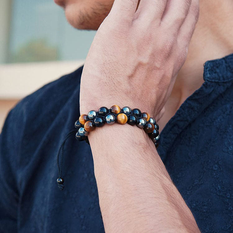 Pulsera de triple protección: auténtica ágata ojo de tigre y piedra biliar negra. El regalo perfecto.