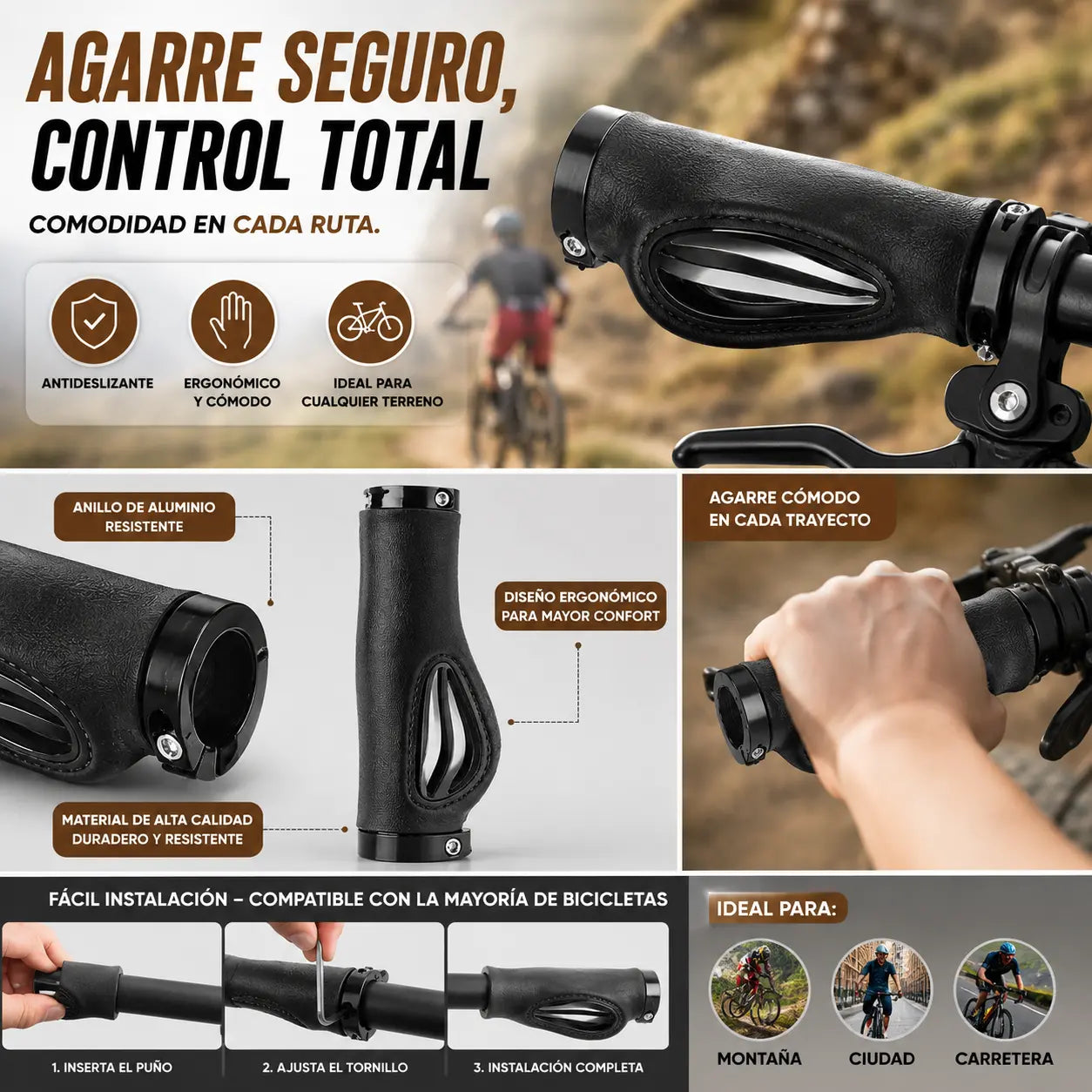【¡AHORA CON UN 50% DE DESCUENTO!】1 par / 2 pares- Puños ergonómicos para manillar con apoyo para la palma de la mano: diseño de ala, doble bloqueo y TPR amortiguador.