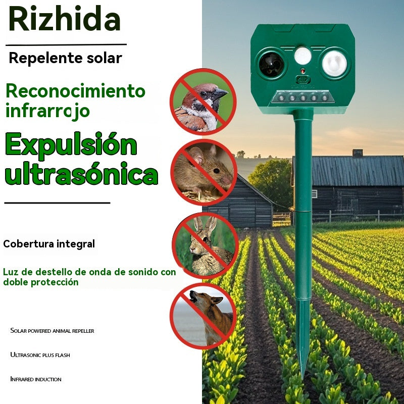 🔥Repelente ultrasónico de aves para exteriores con energía solar, dos bocinas y luces intermitentes