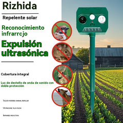 🔥Repelente ultrasónico de aves para exteriores con energía solar, dos bocinas y luces intermitentes