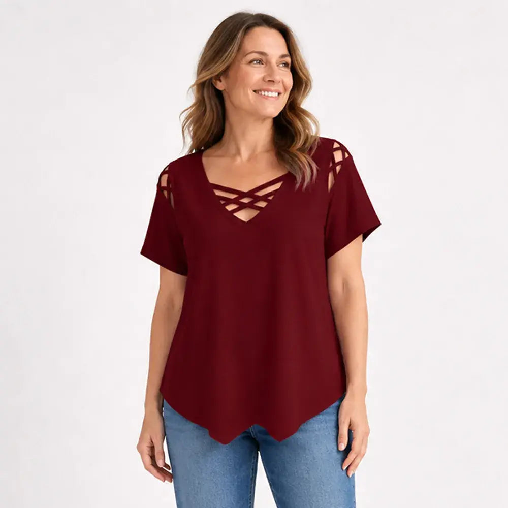 👚【S-5XL】 Top de algodón puro con V y cruzado – Corte con recortes, ligero y perfecto para el día a día ✨