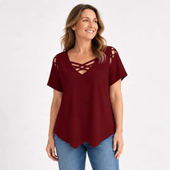 👚【S-5XL】 Top de algodón puro con V y cruzado – Corte con recortes, ligero y perfecto para el día a día ✨