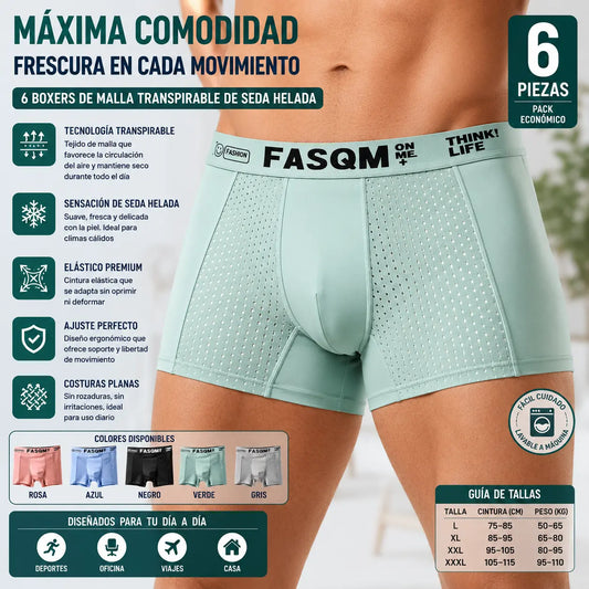 💥👍【6 piezas】Calzoncillos bóxer de malla transpirable de seda helada para hombre