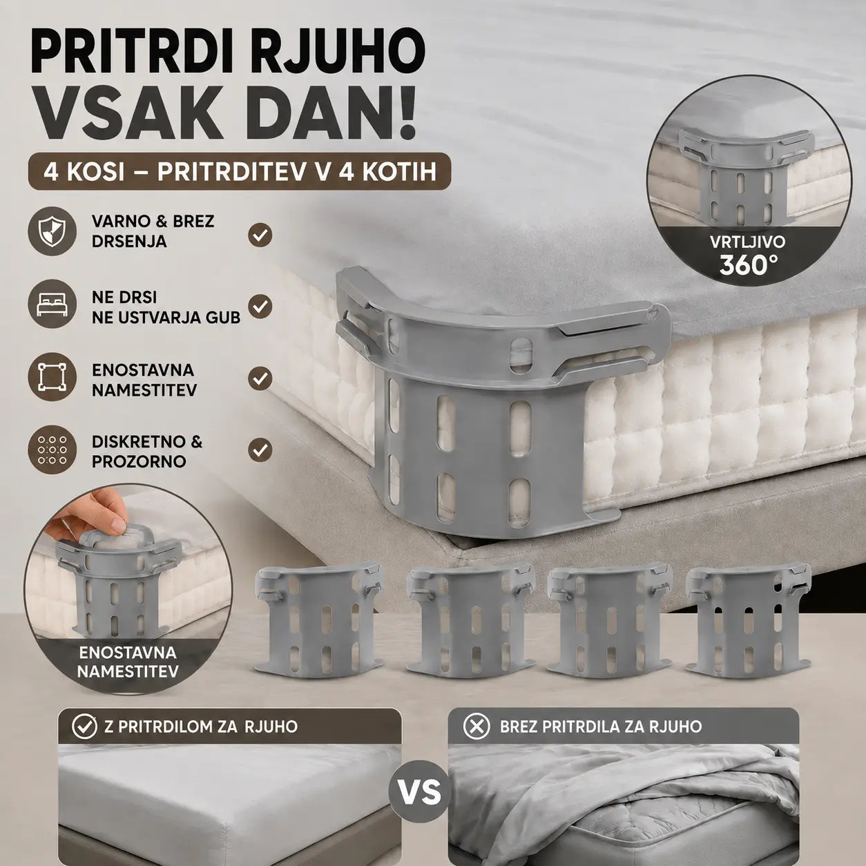 Komplet štirih 🛏️ skritih sponk za rjuhe s štirimi vogali - preprečujejo premikanje ali zdrs rjuh ter jih ohranjajo ravne in varne.