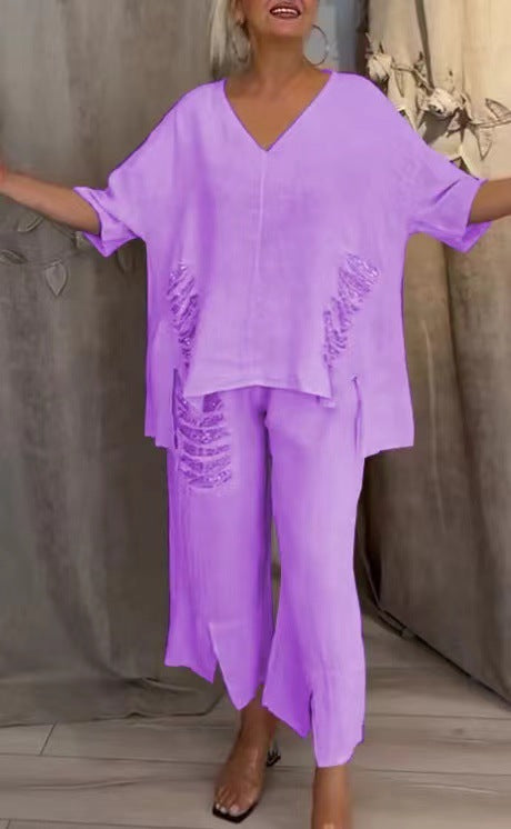 【Pantalones + Top】Traje de dos piezas de lino y algodón con cuello en V para mujer