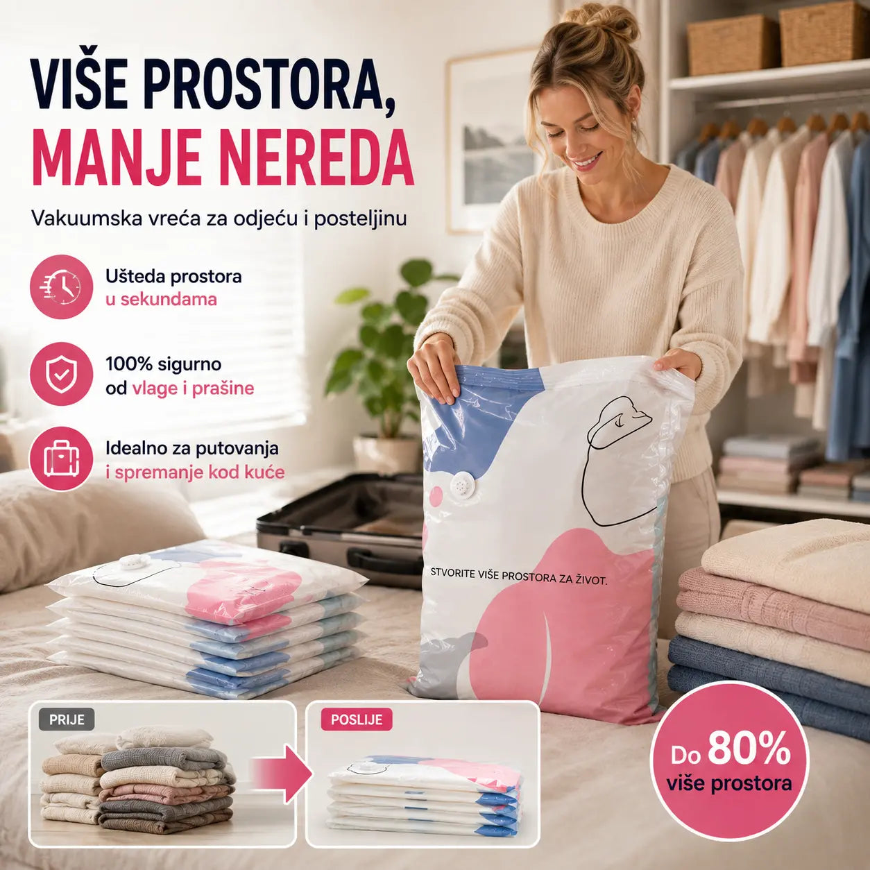 🧳【Set od 5 dijelova】💨 Velika, stlačiva vakuumska vrećica za pohranu: nije potrebna pumpa, nepropusna je i idealna za uštedu prostora u koferima i kod kuće ✈️