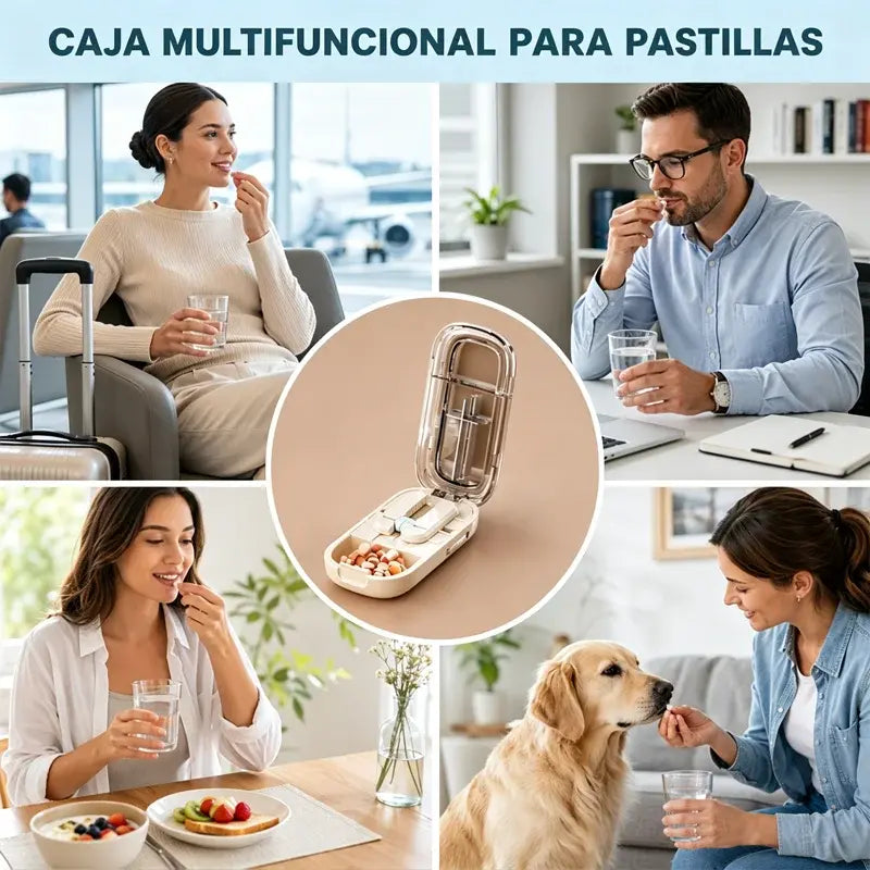 ✂️ Cortador de Pastillas Multifuncional – Divide en 2, 3 o 4 Partes, Caja Almacenadora Portátil 💊