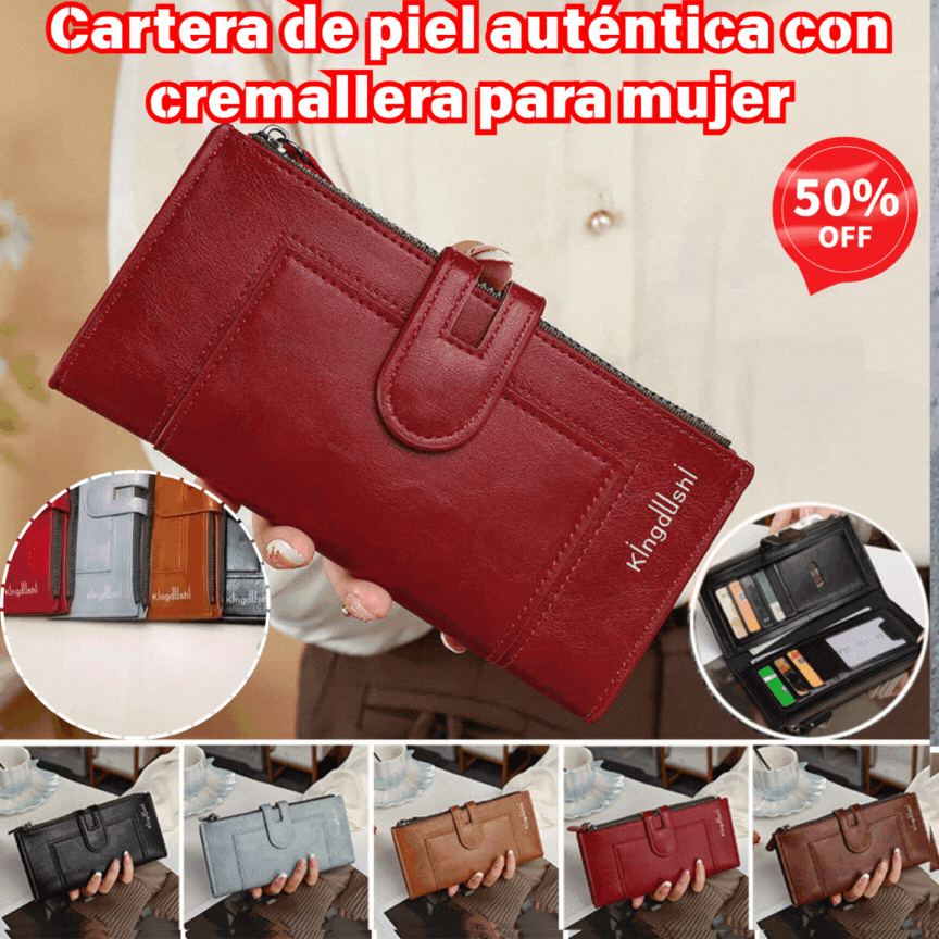 💰Cartera de mujer con doble cremallera y ranuras para múltiples tarjetas, de cuero genuino retro