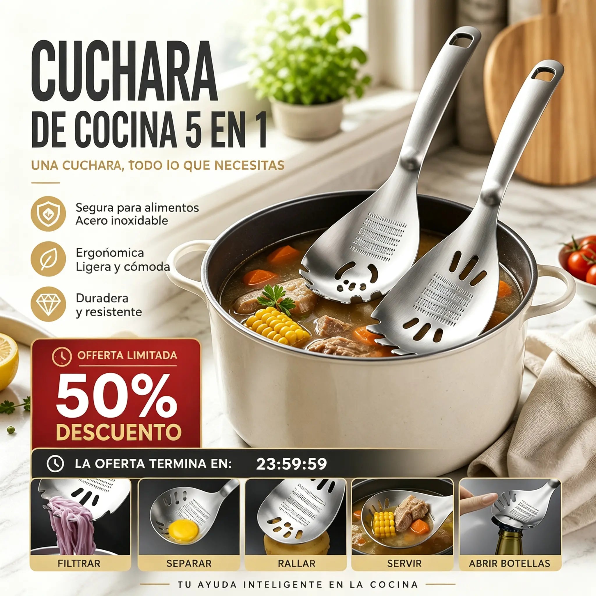🔄🍲 ¡Oferta por tiempo limitado! 50% de descuento – Cuchara multiusos 🌿 colador y separador, 🧂 función de molido, 🍾 abridor – ¡todo en 1!