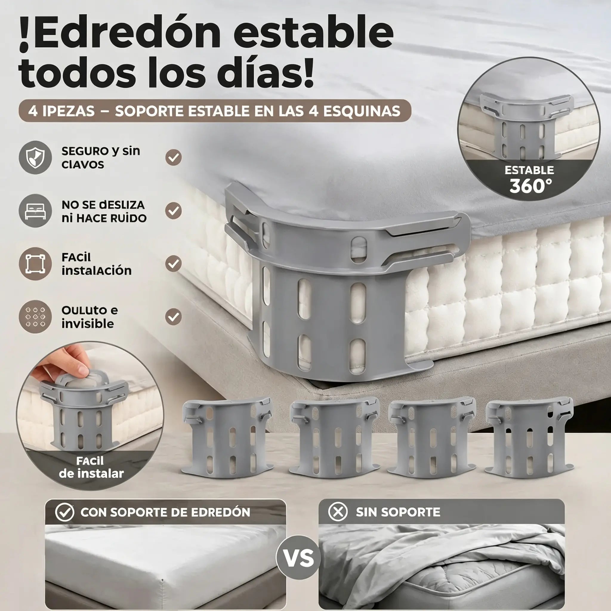 Juego de cuatro🛏️ Clips ocultos en las cuatro esquinas para sábanas: evitan que las sábanas se muevan o se deslicen, manteniéndolas planas y seguras.