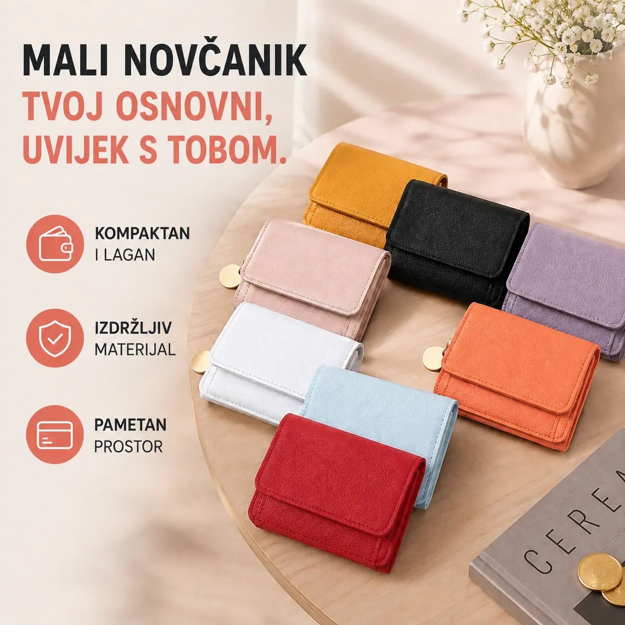 🔥Kupite jedan, drugi dobijete gratis✨Elegantni i jednostavni ženski kratki novčanik s utorima za kartice, pretincima za novčanice i prozorčićem za osobnu iskaznicu.