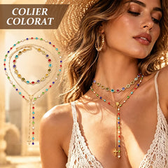 🛍️ Sada tří vrstev náhrdelníku v jednom: barevný kubický zirkon a přívěsek s křížkem ✨ Choker z barevných krystalů, vyzařující luxusní kouzlo | Elegantní a všestranný, lze nosit samostatně