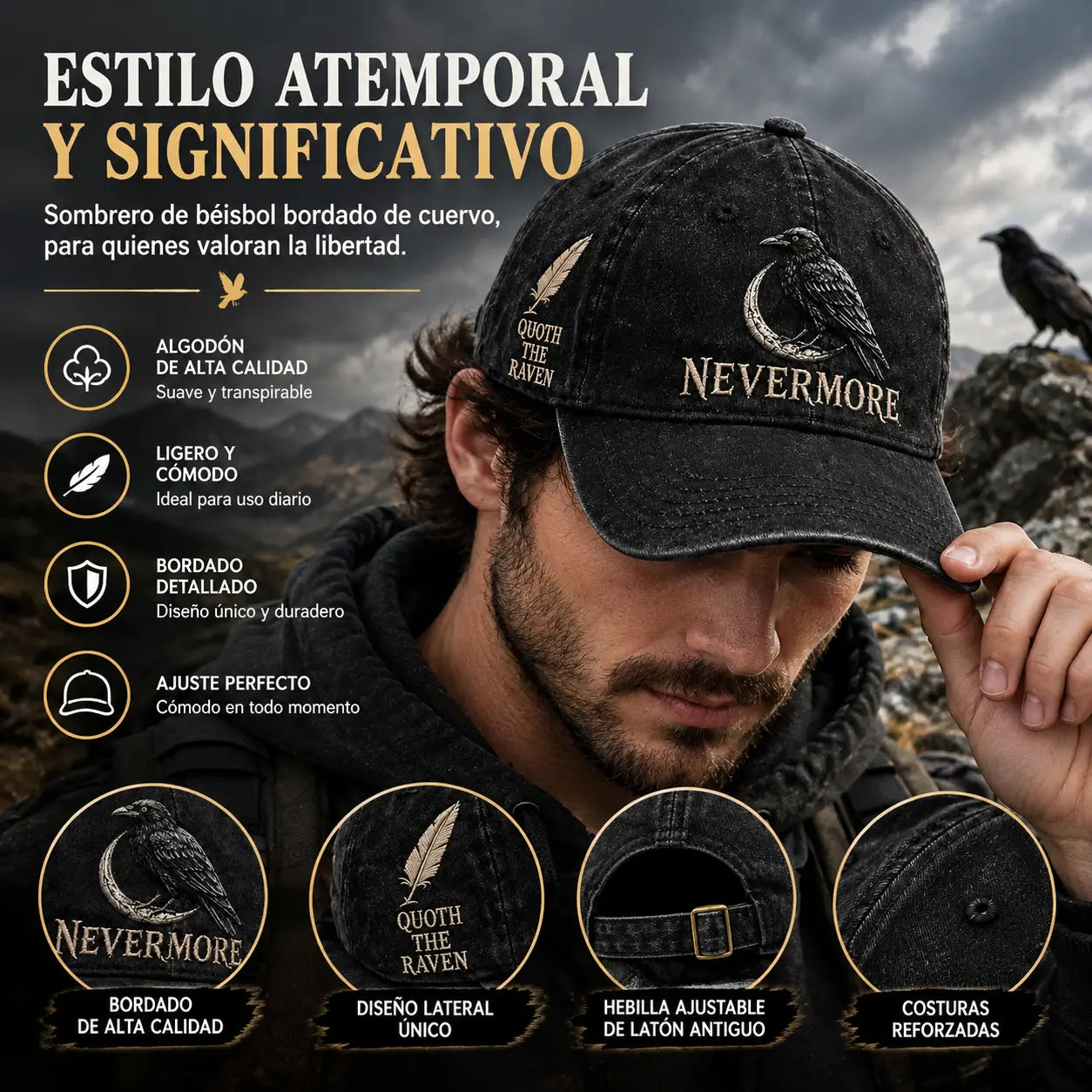 🐦‍⬛🧢 Gorra vintage Nevermore Raven | Sombrero gótico para amantes de las aves(Circunferencia de la cabeza aproximada: 56-60 cm)