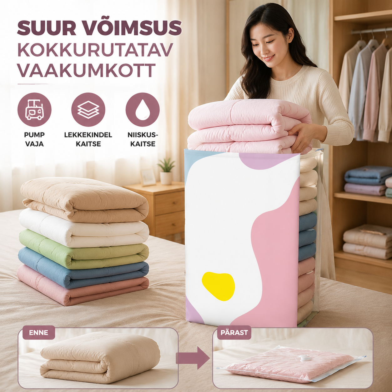🧳【5-osaline komplekt】💨 Suur, kokkusurutav vaakumkott: pumpa pole vaja, lekkekindel ja ideaalne ruumi kokkuhoiuks kohvrites ja kodus ✈️