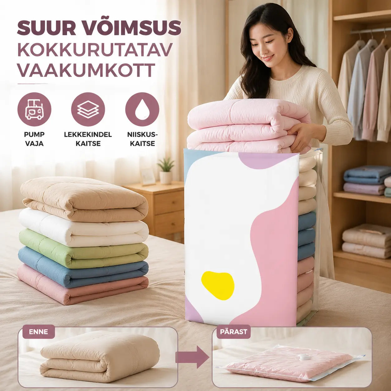 🧳【5-osaline komplekt】💨 Suur, kokkusurutav vaakumkott: pumpa pole vaja, lekkekindel ja ideaalne ruumi kokkuhoiuks kohvrites ja kodus ✈️