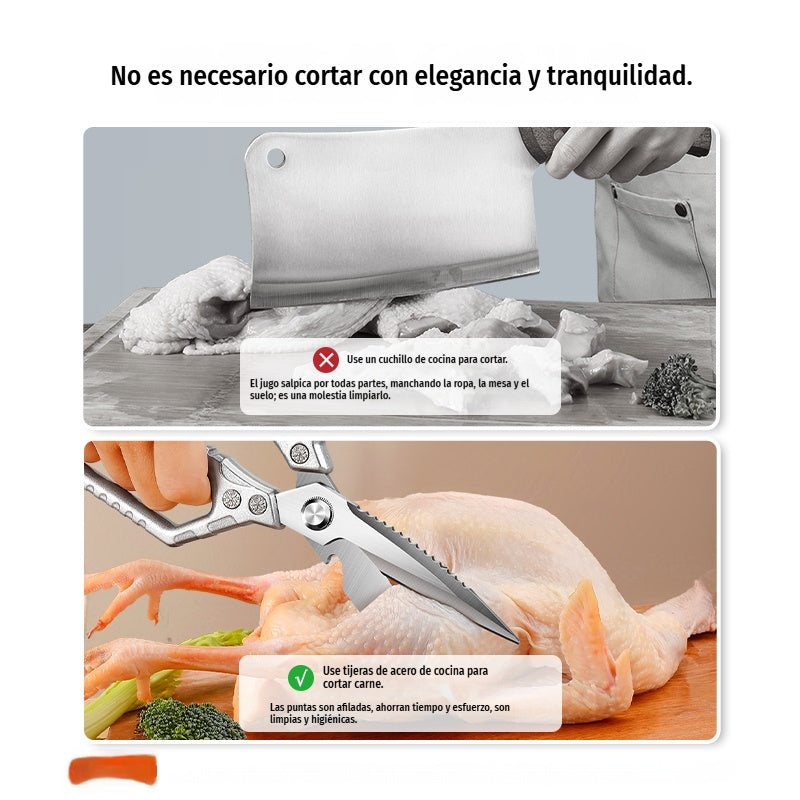 Tijeras de cocina multifunción y resistentes ✨🦴 Cortan huesos | 🐟 Quitan escamas de pescado | 🍾 Abren botellas | 🌰 Abren nueces