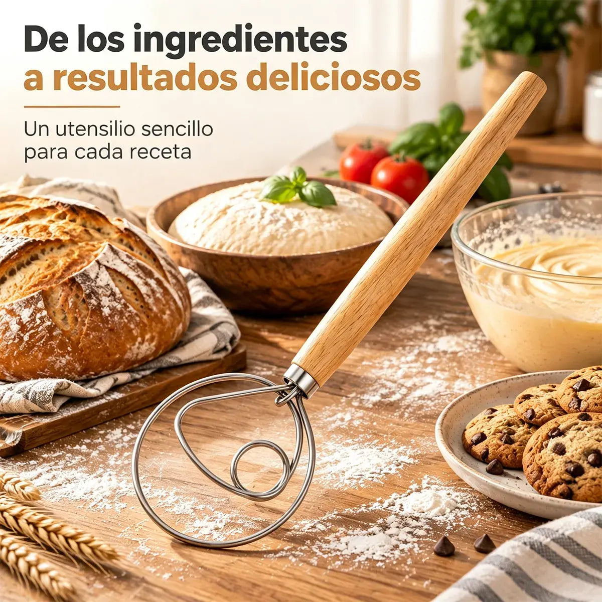 🥖 Mezclador Manual de Masa de Acero Inoxidable con Mango de Roble – Herramienta Indispensable para Hornear, Amasar y Tamizar · ¡Compra uno y llévate otro gratis (recibes 2 unidades)! 🌾