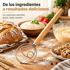 🥖 Mezclador Manual de Masa de Acero Inoxidable con Mango de Roble – Herramienta Indispensable para Hornear, Amasar y Tamizar · ¡Compra uno y llévate otro gratis (recibes 2 unidades)! 🌾