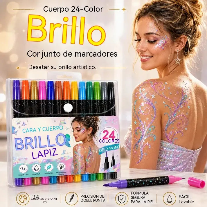 🎉 Oferta 2026 🌸 Set de 24 rotuladores de purpurina de doble punta para rostro y cuerpo ✨