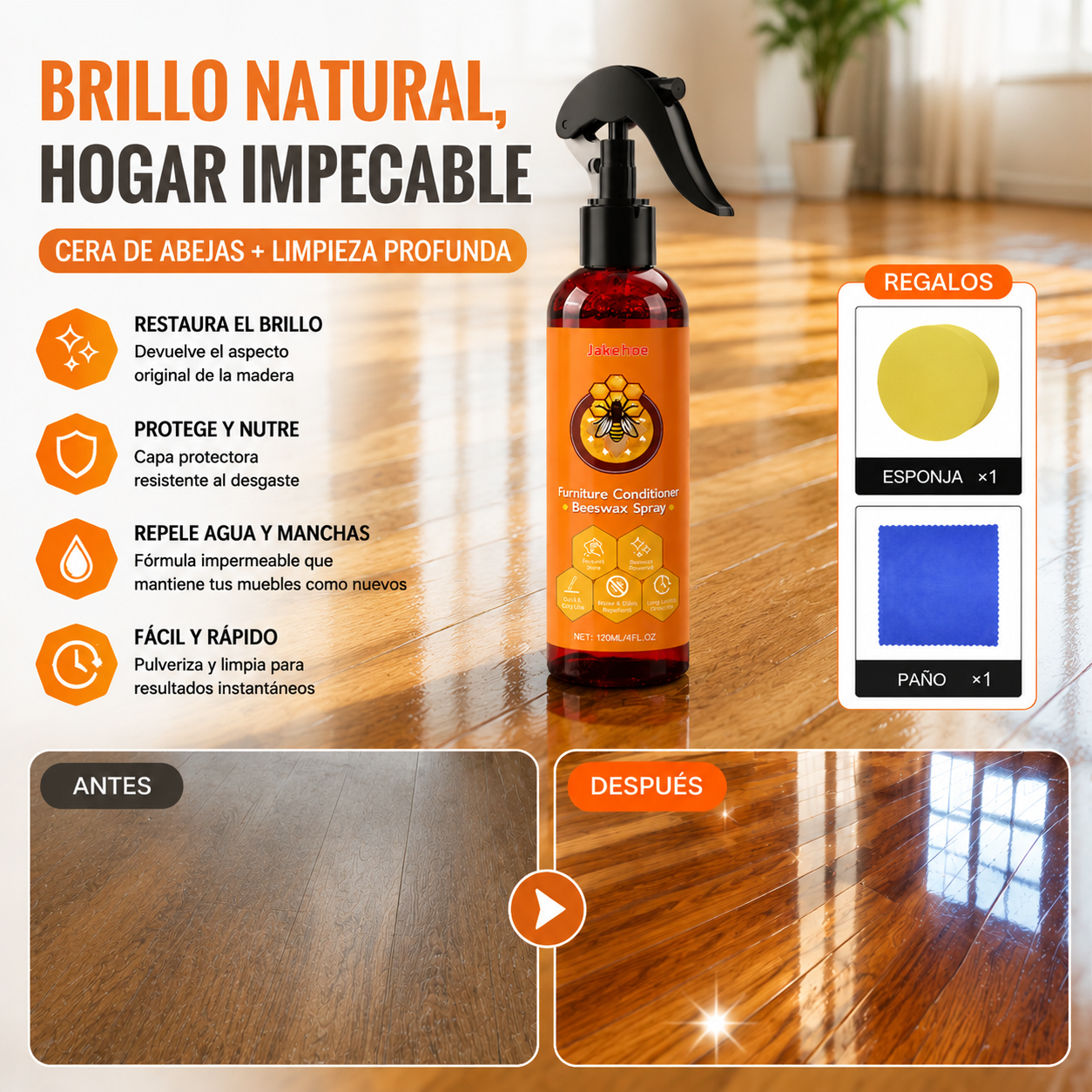 🔥【120 ml + esponja + toalla】Spray de cera de abeja natural micromolecular para el cuidado de muebles, mantenimiento y pulido de suelos.