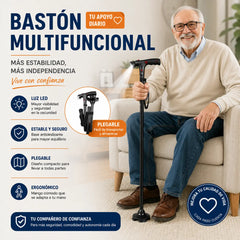 🦯💡 Bastón plegable multifuncional con luz LED y alarma de emergencia – Base cuadrúpeda antideslizante y altura ajustable en 5 niveles ✨