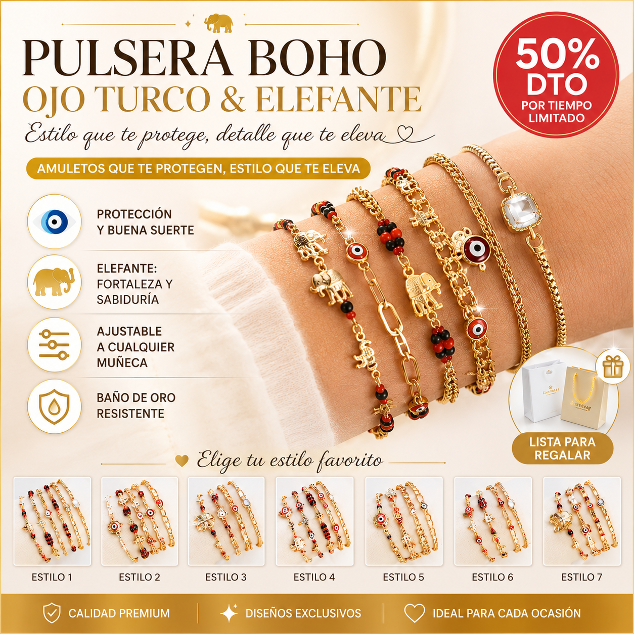 📿 ¡OFERTA POR TIEMPO LIMITADO CON UN 50% DE DESCUENTO! 🌀 Pulsera boho con amuletos y un elefante de la suerte: colgantes simbólicos, forma ajustable, baño de oro y 7 estilos ✨